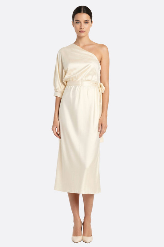 Elowen | Ivory Satin Draped Asymmetric Maxi Dress1